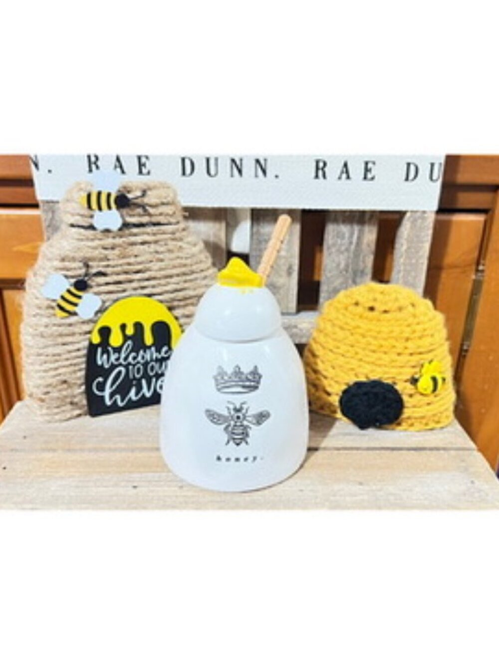 Rae Dunn Queen Bee Honey Pot, Beehive & Crochet Marshmallow Mug Hat Bundle